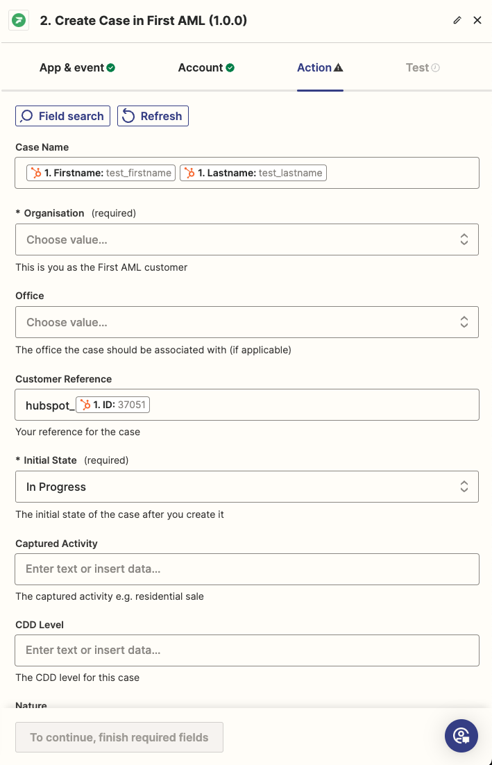 Create case input fields